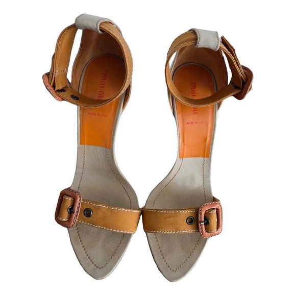 Miu Miu Shoes - Miu Miu | Peep-Toe Orange/Tan Heeled Sandals | Size 38 (US 7.5) | 3.75”